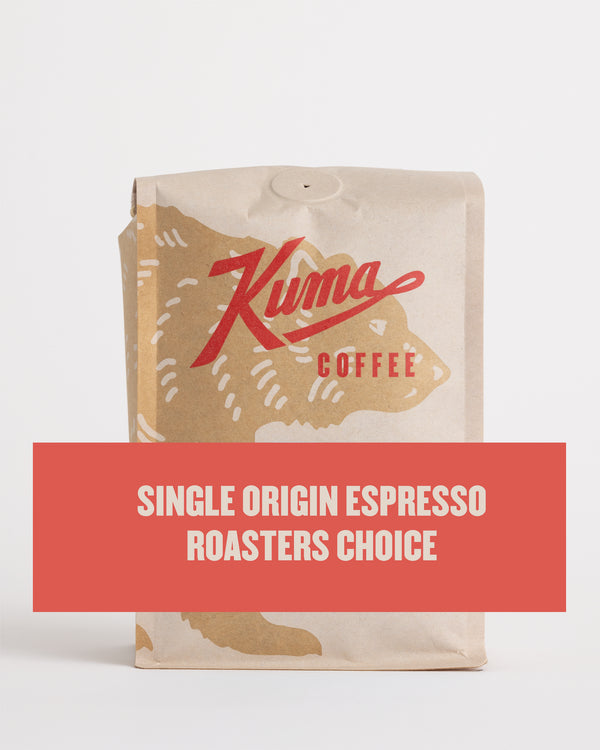 A bag of Kuma Coffee's Single Origin Espresso Roasters Choice with the company's logo visible on the front.