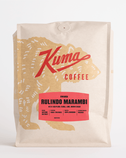 A bag of Kuma Coffee Rwanda Rulindo Marambi whole bean coffee on a clean white background.
